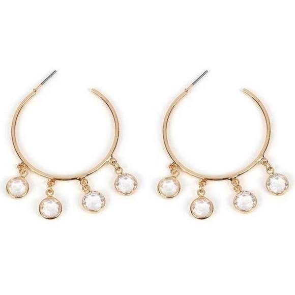 ✨ Gold Charm Hoop Earrings With Dangling Crystals - Picture 2 of 5